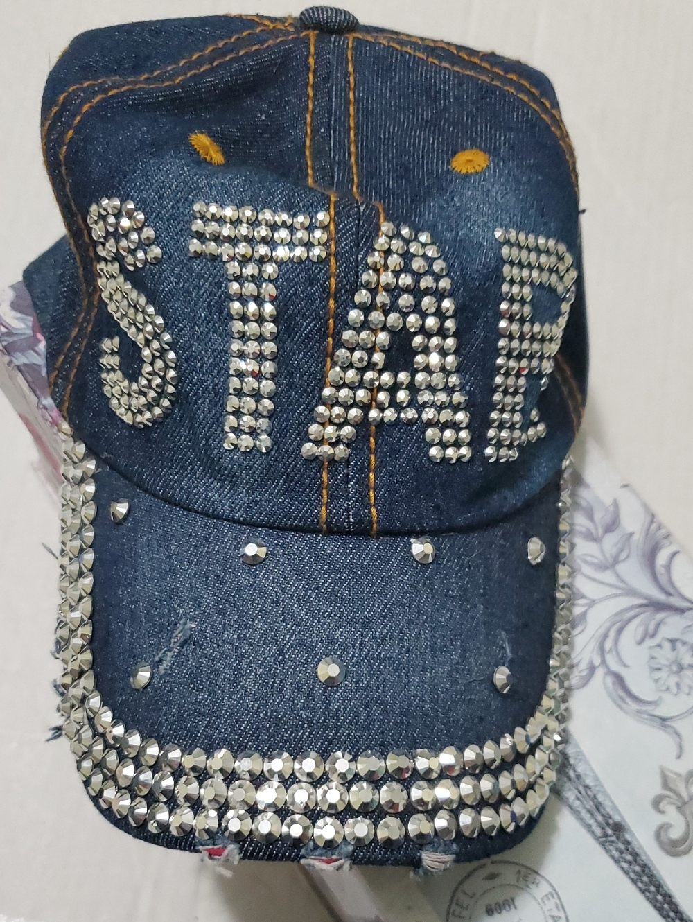 Nollia Dark Wash Denim Rhinestone STAR Graphic Baseball Cap